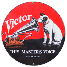 La imagen corporativa de His Master's Voice (La Voz de su Amo) proviene de una pintura del artista inglés Francis Barraud. La Gramophone and Typewriter Company se la adquirió en 1899 (la compañía fue identificada por HMV por el uso de esta imagen). El perro había pertenecido originariamente al hermano de Barraud, que al fallecer lo habría dejado en herencia la artista, junto con un fonógrafo y unas grabaciones de su propia voz. Al reproducirlas en el fonógrafo, Barraud observó que el perro se acercaba y mostraba un peculiar interés por la voz de su difunto amo. Barraud quiso venderle la pintura a T.A. Edison, quien con su nula visión comercial rechazó la oferta. Posteriormente se la ofreció al inventor del gramófono, Berliner, el competidor directo de Edison, que la adquirió a petición de sustituir el fonógrafo de Edison por su gramófono.